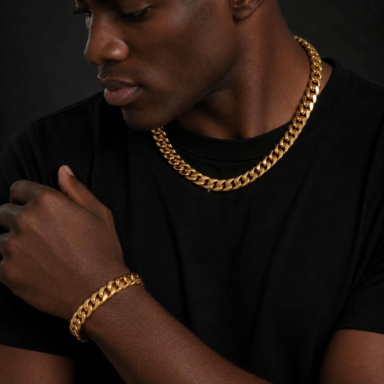 12mm Gold-Tone Cuban Chain & Bracelet Set
