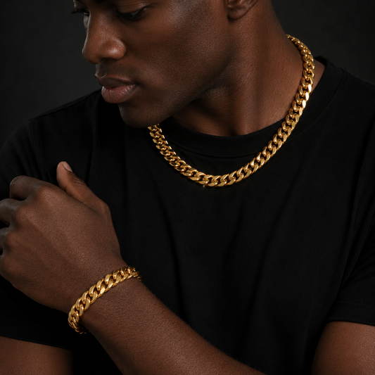 12mm Gold-Tone Cuban Chain & Bracelet Set