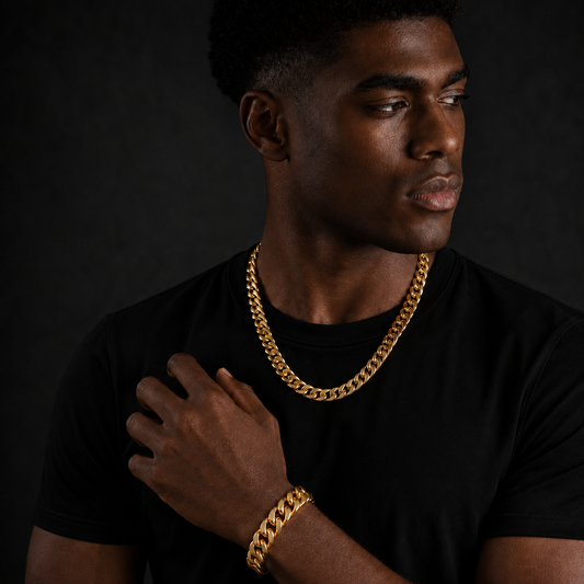 12mm Gold-Tone Cuban Chain & Bracelet Set